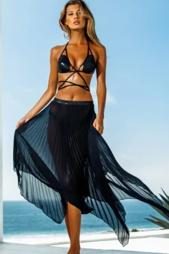 Women Sauvage Swimwear Asymmetrical Black Pleated Skirt