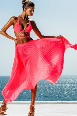 Women Sauvage Swimwear Asymmetrical Pink Pleated Skirt