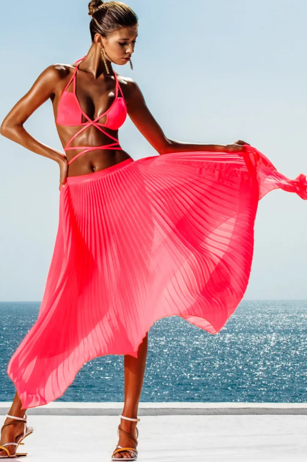 Women Sauvage Swimwear Asymmetrical Pink Pleated Skirt