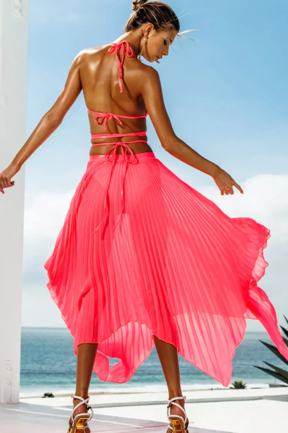 Women Sauvage Swimwear Asymmetrical Pink Pleated Skirt
