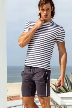 Sauvage Swimwear Midlength Athletic Short w. white stripe.
