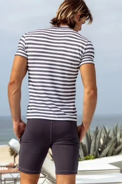 Sauvage Swimwear Midlength Athletic Short w. white stripe.