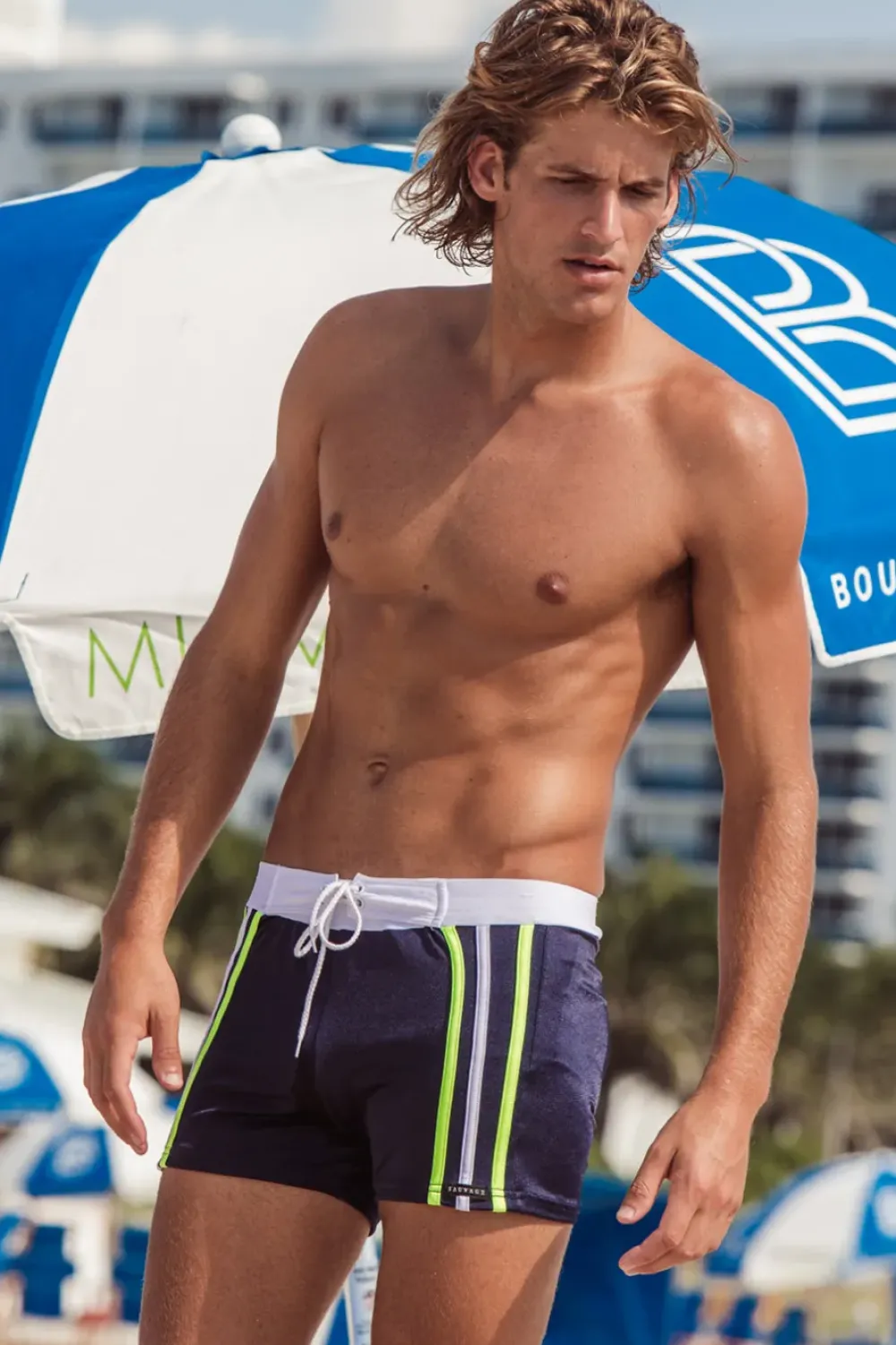 Sauvage Swimwear Navy & Lime Stripe Retro Lycra Swimmer