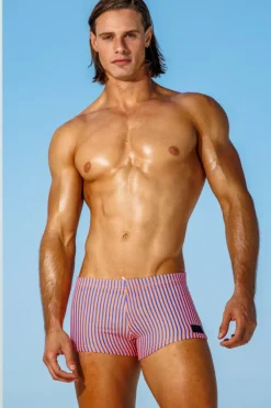 Sauvage Swimwear Orange/Navy Stripe Squarecut